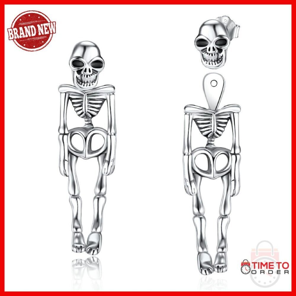 Sterling Silver Skull Stud Earrings Gothic Punk Jewelry 33mm